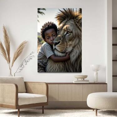 Imagem de Quadro Decorativo para Sala Quarto Hall 90x60 Menino Abraçando Leão Savana