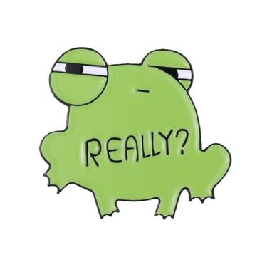 Imagem de Broche de sapo estrabismo criativo fofo verde esmaltado para homens mulheres desenhos animados engraçados REALMENTE? Palavras broches kawaii animal distintivo lapela alfinetes joias mochila jaqueta