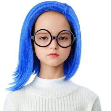 Imagem de Peruca de fantasia Morvally Blue Bob para crianças e meninas com óculo