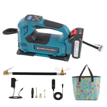 Imagem de Compressor de ar portátil para inflador de pneu, bomba de pneu de 150 PSI com bateria recarregável de 21 V e mangueira de extensão com botão de escape e mandril de ar rápido para carro, motocicleta