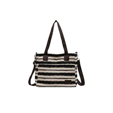 Imagem de CORIOS Bolsa tiracolo de lona feminina listrada patchwork bolsa casual alça superior bolsa de ombro grande capacidade, Preto, Large