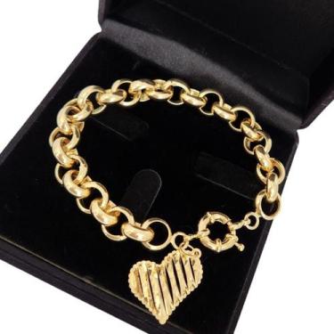 Imagem de Pulseira Elos Portugueses 11mm Coração Diamantado Banho De Ouro 18k 17