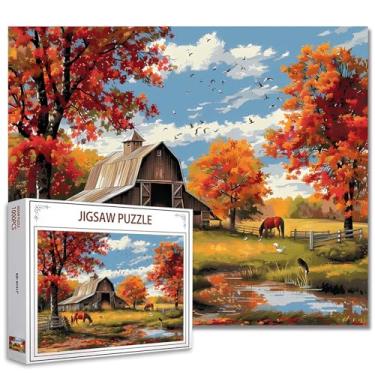 Imagem de Quebra-cabeça de celeiro de fazenda de outono para adultos 1000 peças, cenário de cavalo de árvores de outono, arte de 68 x 50 cm, quebra-cabeças DIY para decoração de casa, quebra-cabeça familiar