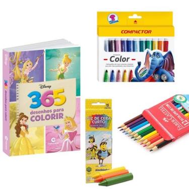 Imagem de Kit Colorir com Livro Lápis Canetinha Giz Princesas Disney - Culturama