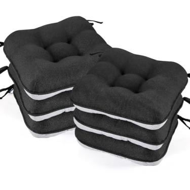 Imagem de BETU Conjunto de almofadas de cadeira para cadeiras de jantar com 6,3 cm de espessura, almofadas de mesa de cozinha com laços, suporte e capas antiderrapantes, almofada de assento preta para sala de