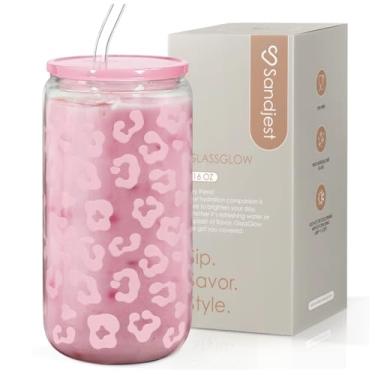 Imagem de SANDJEST Garrafa de vidro de leopardo, copo de vidro com estampa de leopardo rosa com tampa e canudo, lata de vidro estética de café gelado, presentes para mulheres, Natal, aniversário, dia das mães
