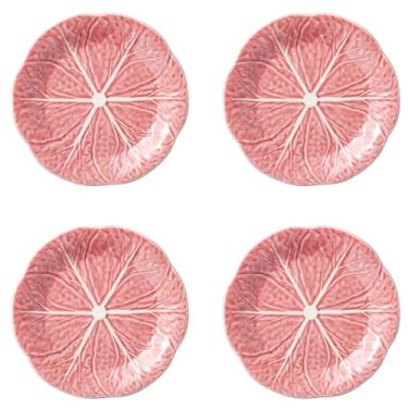 Imagem de Bordallo Pinheiro Conjunto de pratos de frutas e sobremesa de repolho rosa com 4 folhas, louça de barro, utensílios de mesa portugueses feitos à mão, aperitivo, prato de pastelaria para salada de