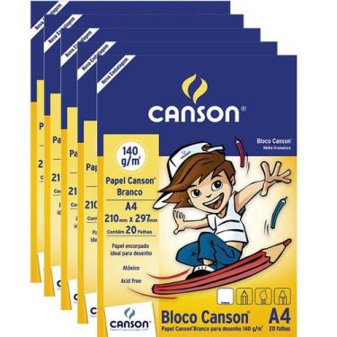 Imagem de Kit 5 Blocos Canson A4 20 folhas cada Gramatura 140g Branco Ideal para