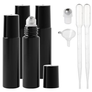 Imagem de Frascos de rolo de óleo essencial, frascos de perfume de vidro espesso de 10 ml com abridor de funil e conta-gotas, frascos vazios de vidro colorido com bolas de rolo de aço inoxidável (preto, pacote