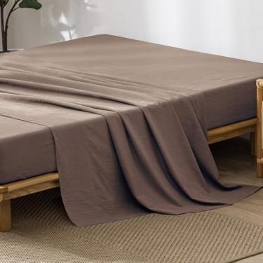 Imagem de MooMee Lençol de cima liso 100% linho de algodão lavado, texturizado, respirável, durável, macio e confortável (marrom, Queen)