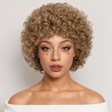 Imagem de Rebecca Q Peruca curta encaracolada com franja cabelo humano afro rosa encaracolado perucas sem cola para mulheres negras cor marrom mel peruca bob curto encaracolado 150% densidade.