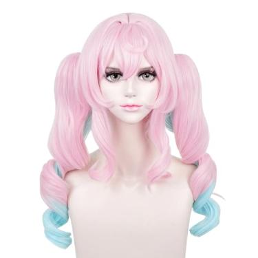 Imagem de FILMIA Peruca longa encaracolada rosa e azul para mulheres com franja – Peruca sintética resistente ao calor Cosplay estilo rabo de cavalo duplo