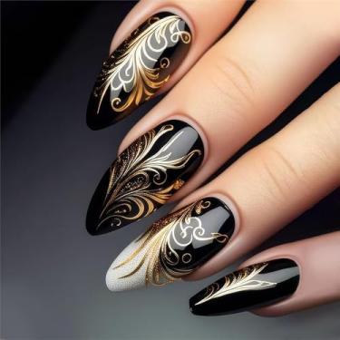 Imagem de 24 unhas, unhas postiças médias de amêndoa com desenhos dourados, unhas postiças brancas com glitter, cola preta brilhante nas unhas, unhas artificiais fofas de cobertura completa para mulheres