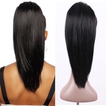 Imagem de ManeMajesty Extensão de rabo de cavalo liso cabelo humano 40,6 cm rabo de cavalo preto liso natural com cordão para mulheres negras para uso diário