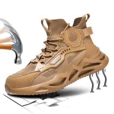 Imagem de YMXSUPPER Sapatos masculinos com bico de aço para trabalho, tênis de segurança, confortável, leve, à prova de perfuração, sem cadarço, indestrutível, Marrom, 41