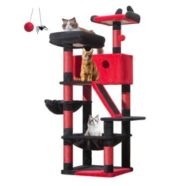 Imagem de Taoqimiao Árvore para gatos de 142 cm, torre para gatos internos, grande e adulto, condomínio extragrande para gatos, 8 postes para arranhar de sisal, rede aconchegante com estrutura de metal, tábua