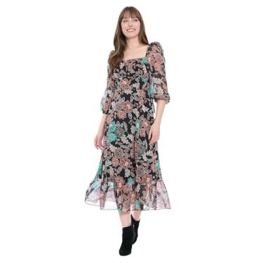 Imagem de London Times Vestido feminino midi floral com gola quadrada manga 3/4 bufante-evasê para convidados de casamento, Preto/Redwood, 36