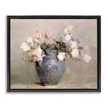 Imagem de Stupell Industries Arte de parede vintage rosas em vaso azul moldura preta flutuante, design por Leah Straatsma, 25 x 31