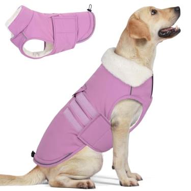 Imagem de Mklhgty Casaco para cães, jaqueta de inverno impermeável para cães com portal de trela, colete de neve interior de lã refletiva quente para cães pequenos, médios e grandes - lilás - G