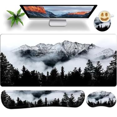 Imagem de JYCUHTCL Conjunto grande de mouse pad para jogos de 90 x 40 cm com apoio de pulso para teclado, suporte de pulso e porta-copos de espuma viscoelástica suave para mesa de escritório em casa, escola -