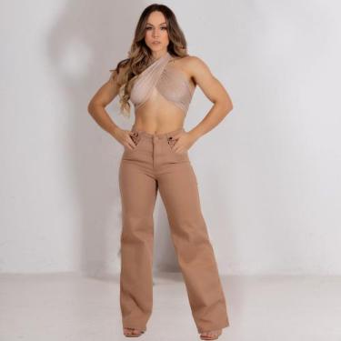Imagem de Calça Jeans Wide Leg Deluxe Feminina Caqui com Bolso Lançamento 2024 -