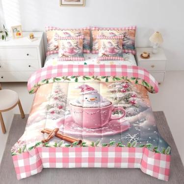 Imagem de Conjunto de edredom infantil de Natal rosa, tamanho solteiro, fofo, boneco de neve, pinheiro, estampa reversível, lençol de cama com folhas de inverno, quadriculado, lençol e fronha