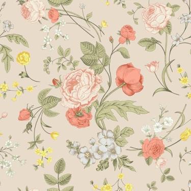 Imagem de VEELIKE Papel de parede floral rosa bege descasque e cole papel de parede de flor vintage para quarto de meninas 40 x 900 cm, papel de contato floral autoadesivo, papel de parede de flor bege para