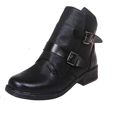 Imagem de Botas de cano curto femininas retrô com zíper lateral e salto baixo com fivela e tiras de combate botas de couro com bico redondo, Preto, 37 BR