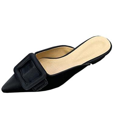 Imagem de Divanne Mules para mulheres, fivela plana mules bico fino frente única Mule Slides Suede Slip On Loafers, Preto - PU, 36