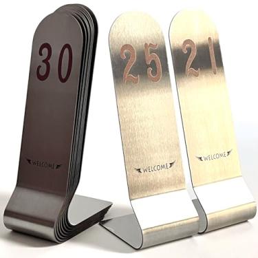 Imagem de SIWOT Cartões de lugar de aço inoxidável de 1,6 cm de altura, 10 pçs/conjunto de cartões de assento empilháveis de dupla face, números de mesa verticais, suportes de cartão de metal (20 cm, marrom