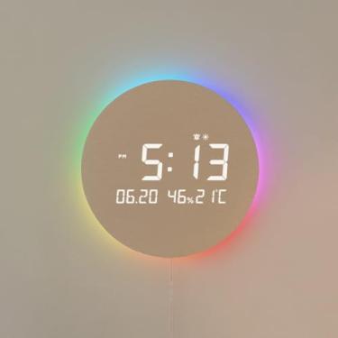 Imagem de mooas Relógio de parede digital de madeira silenciosa de LED com luz noturna aurora lua cheia com controle remoto, temperatura e umidade, 12 luzes de fundo, temporizador de alarme do nascer do sol