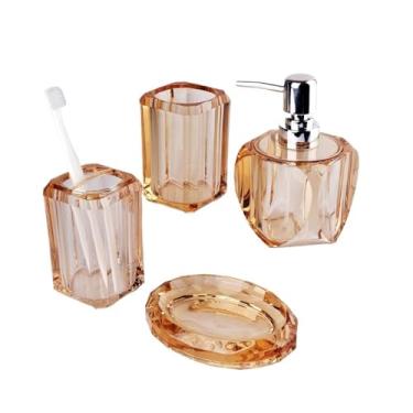 Imagem de Dispensador de sabão Conjunto de acessórios banheiro resina com 4 peças, dispensador sabonete líquido, copo para enxaguatório bucal, suporte para escova dentes, saboneteira(Gold)