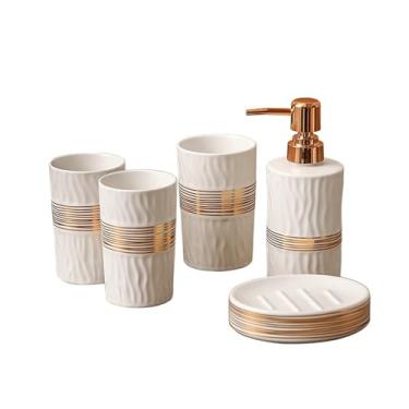 Imagem de Dispensador de sabão Dispensador de sabonete cerâmica leve e luxuoso, kit criativo 5 peças para lavagem banheiro, copo para enxaguatório bucal