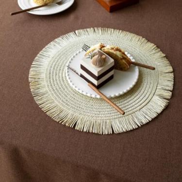 Imagem de Jogo americano redondo de papel tecido para mesa de jantar, jogo americano de juta natural com borlas, tapetes de mesa trançados boho resistentes ao calor para uso interno e externo, decoração de