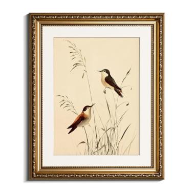 Imagem de InSimSea Arte de parede retrô emoldurada em ouro, arte de impressão em tela de beija-flor, decoração de prateleira pequena, 33 x 40 cm, decoração vintage de imagens de fazenda para quarto, banheiro
