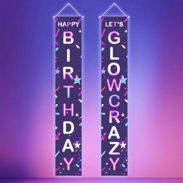 Imagem de HOMETITUTE 2 peças Tapeçaria de luz negra Happy Birthday Let's Glow Crazy Neon Banner com estrela colorida e padrão de confetes fundo preto 30,5 x 189 cm para decoração de festa com brilho interno e