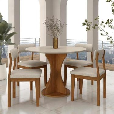 Imagem de Mesa Redonda Cosença Com 4 Cadeiras Estofadas Fre/off/s.bege - M.a Freijó/off Premium/bege