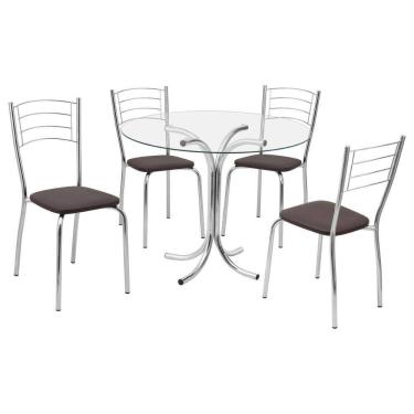 Imagem de Conjunto Mesa De Jantar Redonda Com Vidro 80cm Com 4 Cadeiras Multimóveis Cr50138 Marrom
