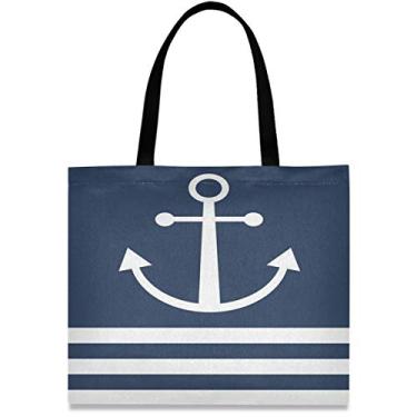 Imagem de visesunny Bolsa de ombro feminina grande de lona com listras náuticas, âncora azul marinho, alça de armazenamento, bolsa de compras, casual, reutilizável, para praia, viagens, compras, livros