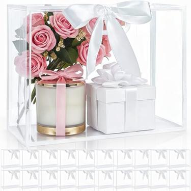 Imagem de Cididu Pacote com 20 sacos de presente de plástico transparente com alças, 30 x 25 x 12 cm reutilizável bolsa de flores transparente com fita, sacos de embalagem de presente a granel para casamento