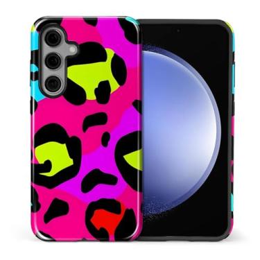 Imagem de Capa compatível com Samsung Galaxy S24, capa rígida híbrida de policarbonato de 2 camadas + capa protetora de silicone, capa à prova de choque com estampa de leopardo colorida de neon resistente a