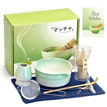 Imagem de Evoio Conjunto Matcha, 10 peças de batedor japonês Matcha com tigela de cerâmica, batedor de bambu, peneira inoxidável, colher e suporte, kit Matcha para amantes de Matcha
