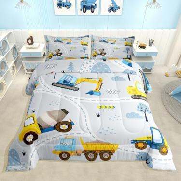 Imagem de Feelyou Jogo de cama solteiro com escavadeira, veículos de construção, para crianças, meninos, meninas, caminhões, edredom para decoração de quarto, microfibra, 2 peças com 1 fronha