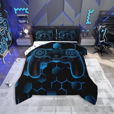 Imagem de Feelyou Jogo de cama casal com gamepad azul, para crianças, meninos, meninas, 3D, gamepad, edredom para decoração de quarto, microfibra, 3 peças com 2 fronhas