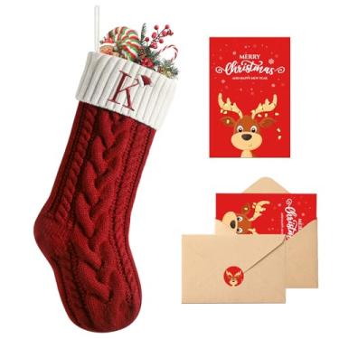 Imagem de Meias de Natal com iniciais, monograma bordado grande de 45,7 cm, meia de Natal para a família, meia vermelha de Natal para crianças, decoração de Natal para lareira em família (letra K)