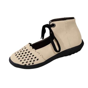 Imagem de Sapatilhas femininas casuais com bico fechado, bico vazado, cadarço frontal para caminhadas confortáveis e lazer, Bege, 36