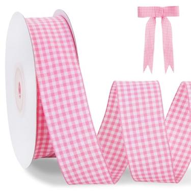 Imagem de TONIFUL 2,5 cm x 25 metros fita xadrez xadrez búfalo rosa para embrulhar presentes, arcos de cabelo, buquê floral, artesanato, Páscoa, dia dos namorados, chá de bebê, aniversário