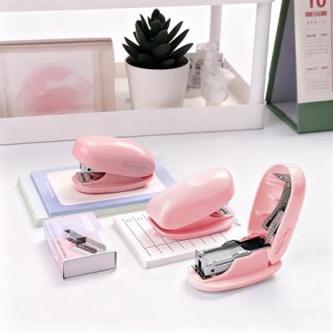 Imagem de Mini grampeador com 1000 grampeadores, capacidade para 12 folhas, grampeador de mesa rosa