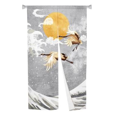 Imagem de Leowefowa Noren Cortina de porta estilo japonês tapeçaria de porta guindastes ondas ouro lua cheia painel de tratamento de janela impressa para divisória de quarto, cortinas de porta de cozinha