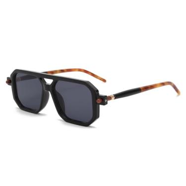 Imagem de Óculos de sol aviador quadrado retrô feminino clássico anos 70 vintage moderno proteção UV, Armação preta e tartaruga/lente cinza, 55mm, 60mm